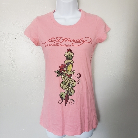 Ed Hardy Christian Audigier Vtg Y2K XS Pink Short Sleeve Shirt True Love Dagger - Picture 1 of 9